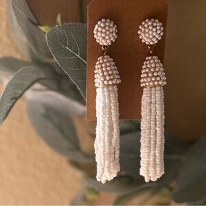Elegant White Beaded Tassel Earrings
